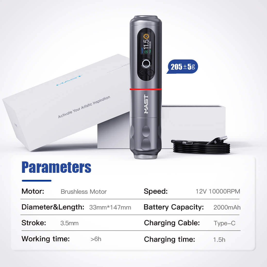 Dragonhawk Wireless Tattoo Pen Machine with 3.5MM Stroke Brushless Motor Color Screen | Mast Archer 2